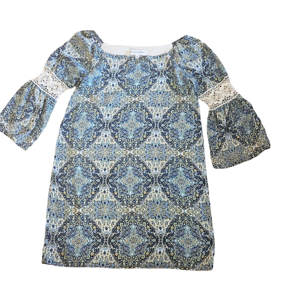 Emma & Michele Women Blue Paisley Medallion Bell Sleeve Crochet Shift Dress M